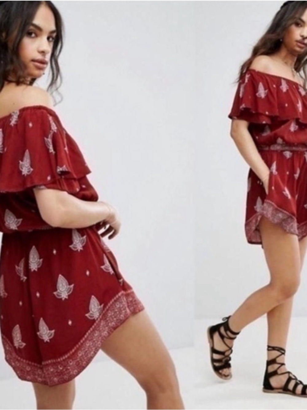 Faithfull the Brand Off-Shoulder Burgundy Printed Romper
